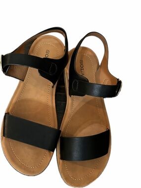 SOLANZ Black Leather Two-Strap Women's Sandals